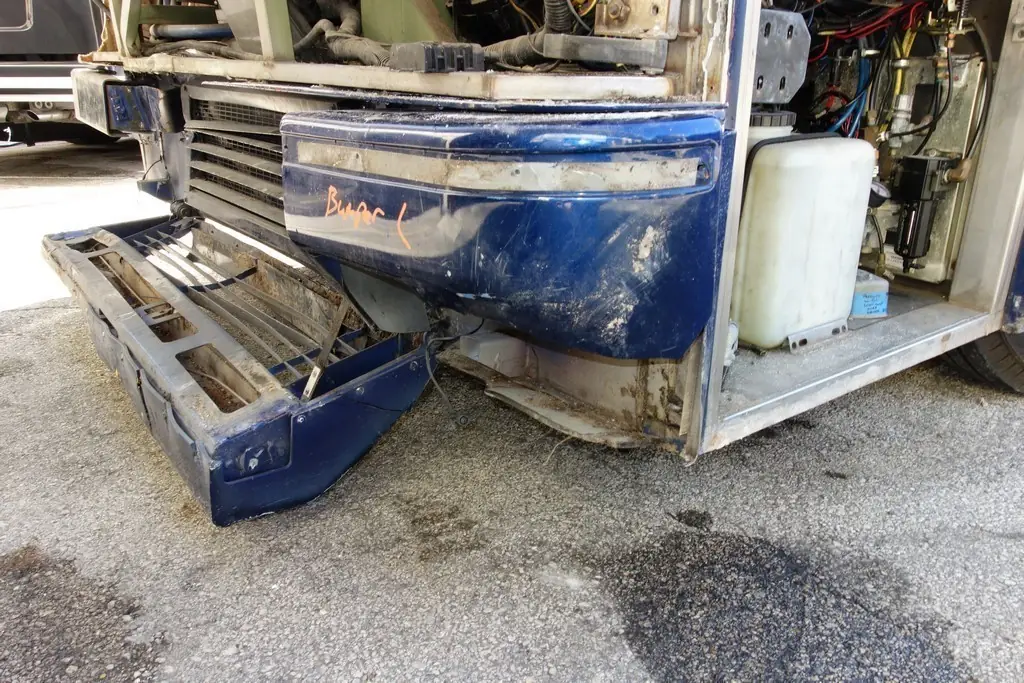 Prevost H3-45 front structure stripped back in the Excalibur Coach body shop