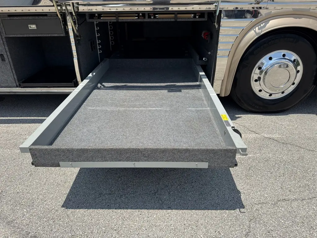 Full-extension cargo tray in a bay of the 1999 Vogue Prevost XL