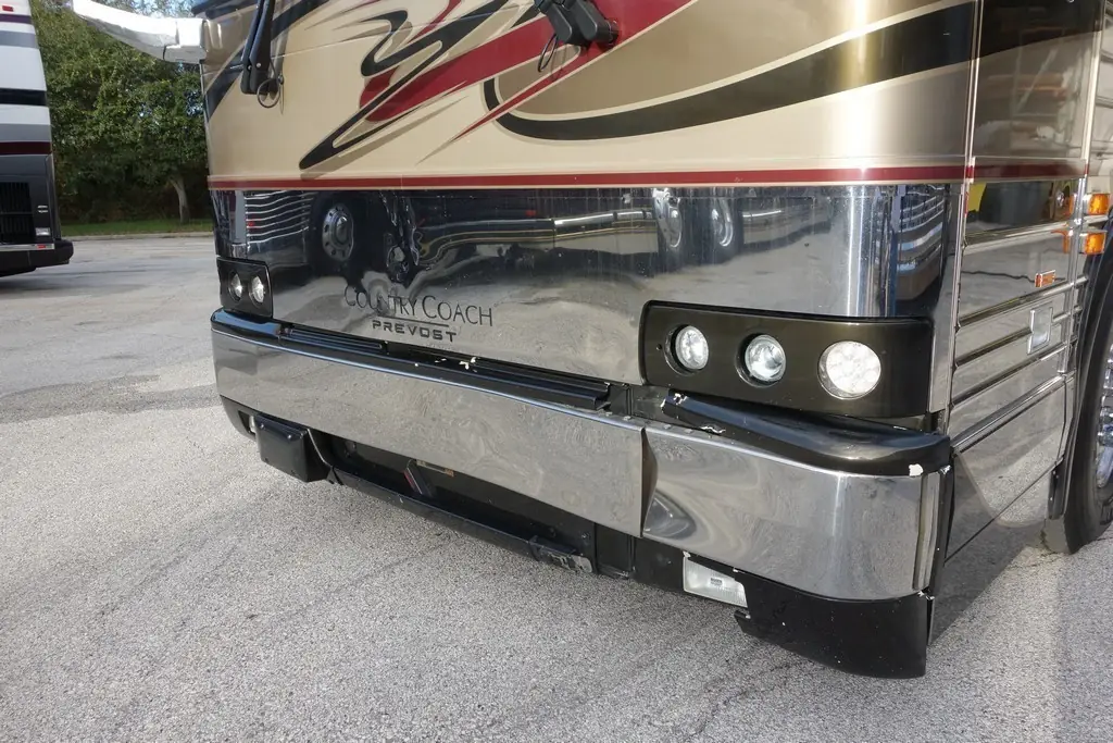 Prevost XL II Country Coach front-end collision repair at Excalibur Coach